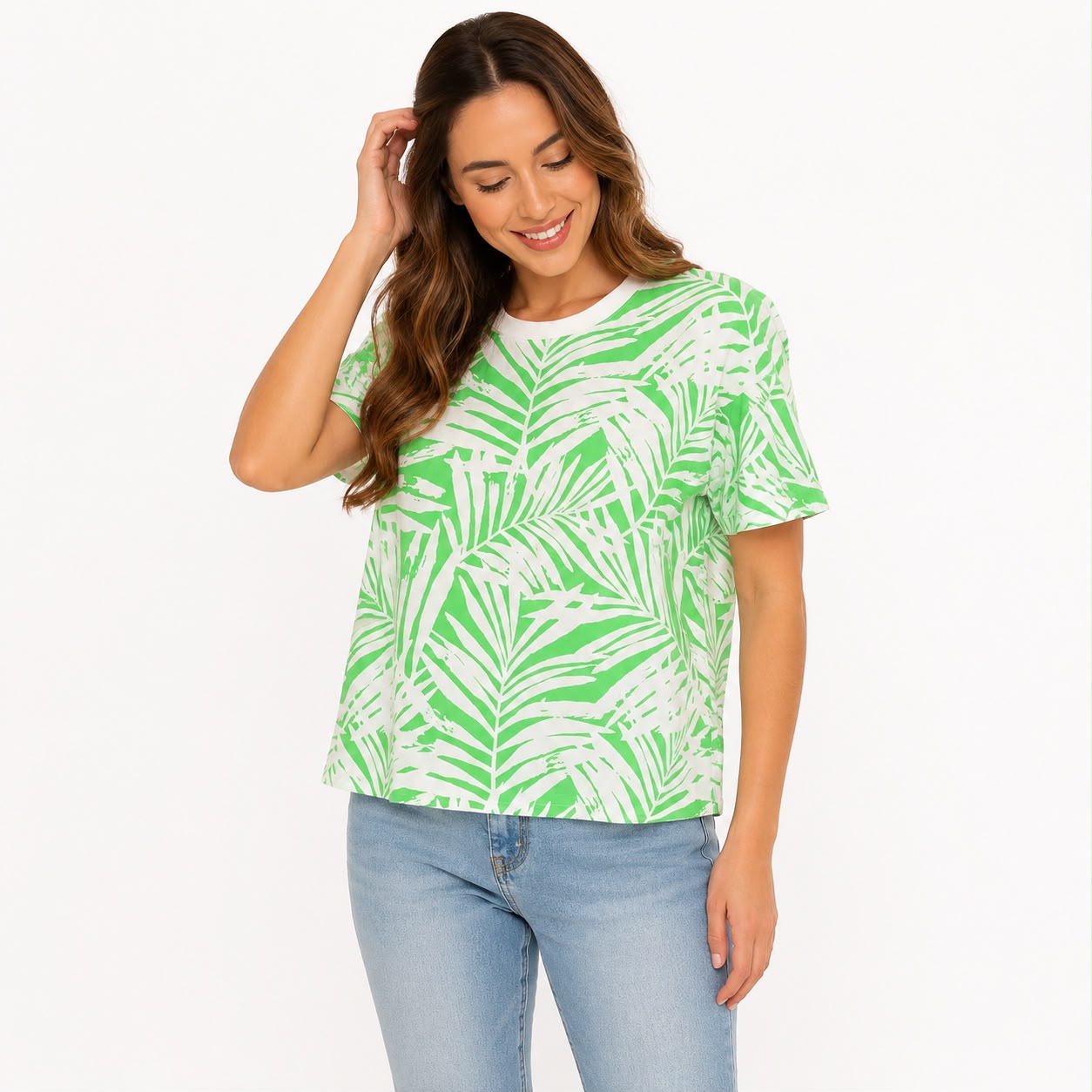 Caribbean Joe brand t-shirt has a tropical print Women’s
