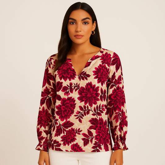 Cupio Floral Print Ruffle Neck Top