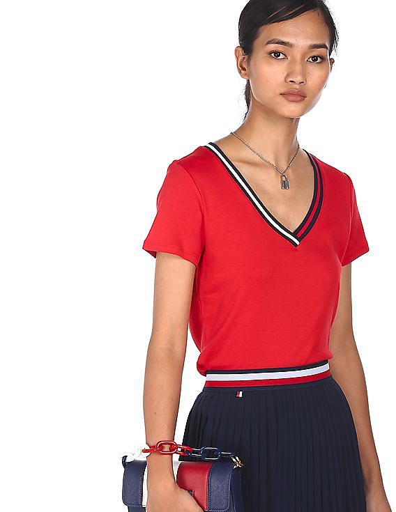 Tommy Hilfiger Women Red V-Neck Cotton T-Shirt