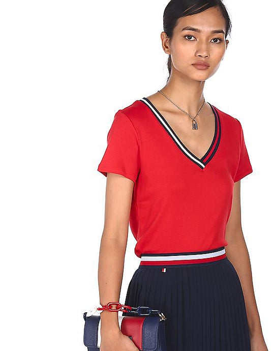 Tommy Hilfiger Women Red V-Neck Cotton T-Shirt
