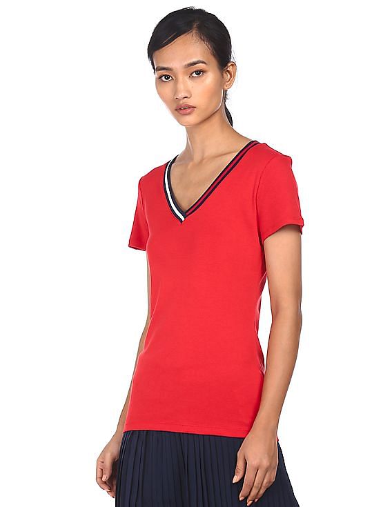 Tommy Hilfiger Women Red V-Neck Cotton T-Shirt
