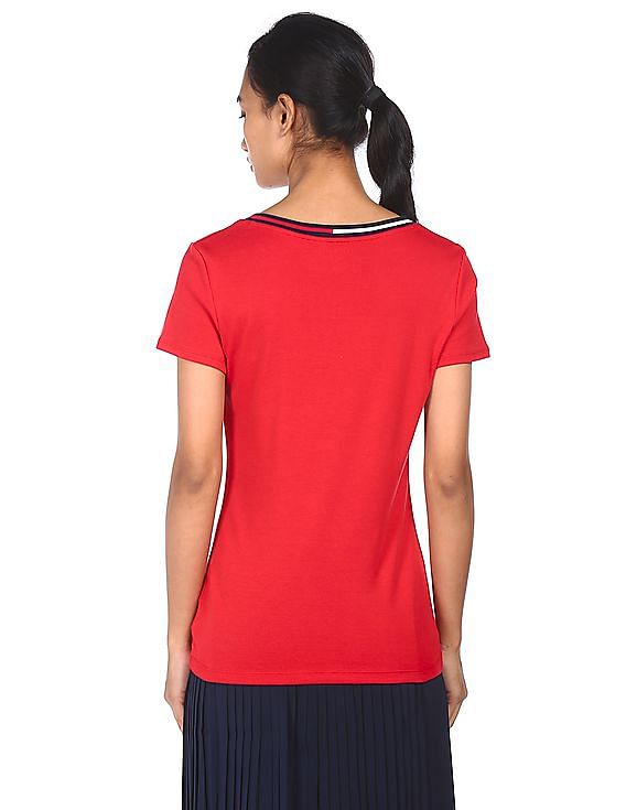 Tommy Hilfiger Women Red V-Neck Cotton T-Shirt