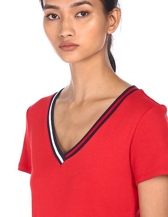 Tommy Hilfiger Women Red V-Neck Cotton T-Shirt