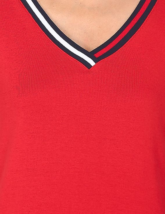 Tommy Hilfiger Women Red V-Neck Cotton T-Shirt