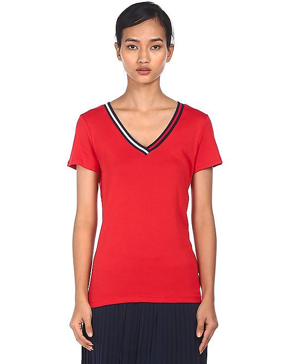 Tommy Hilfiger Women Red V-Neck Cotton T-Shirt