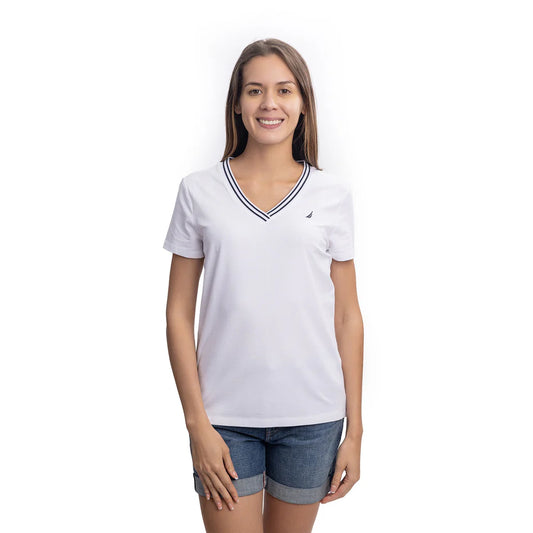 Nautica Stripe Trim V Neck Pullover Top