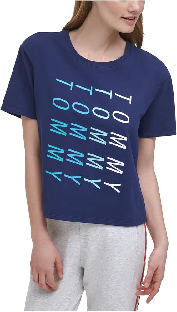 Tommy Hilfiger Sport Womens Navy Logo Graphic Short Sleeve Crew Neck Crop Top