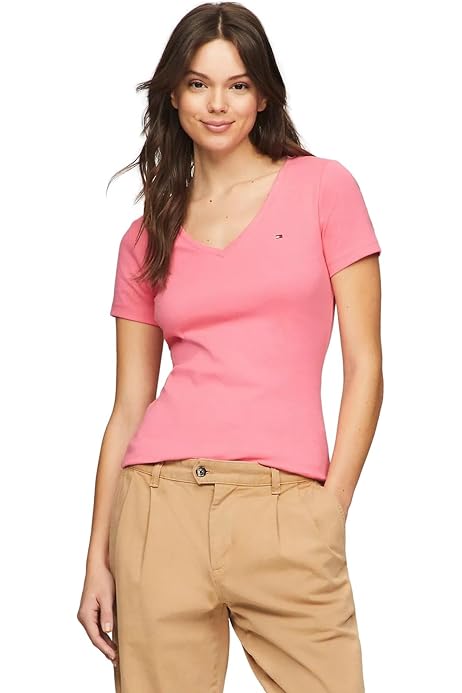 Tommy Hilfiger Short Sleeve Tops-Cotton Shirts for Women with V-Neckline and Logo Detail