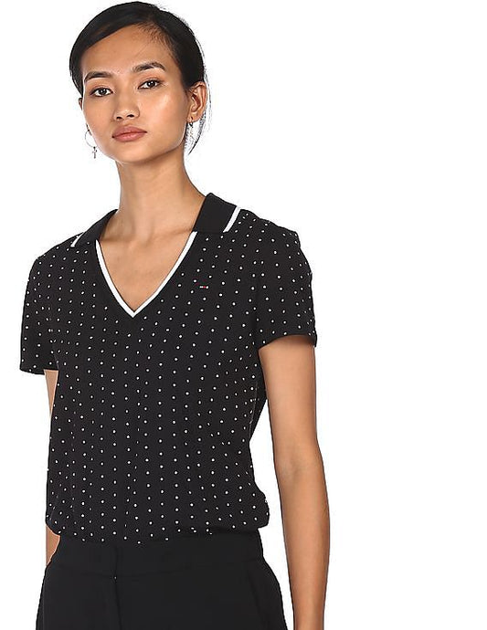 Tommy Hilfiger Women Black Polka Dot Print Notch Collar Polo Shirt