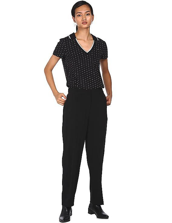Tommy Hilfiger Women Black Polka Dot Print Notch Collar Polo Shirt