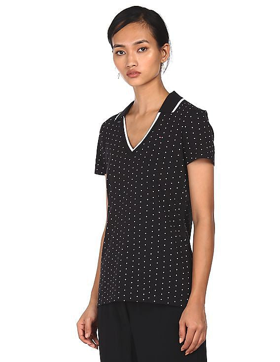 Tommy Hilfiger Women Black Polka Dot Print Notch Collar Polo Shirt