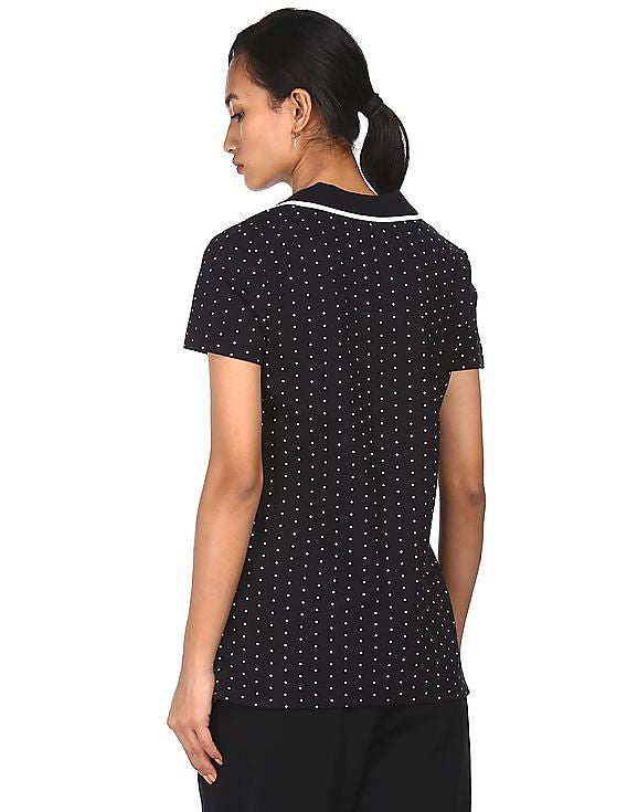 Tommy Hilfiger Women Black Polka Dot Print Notch Collar Polo Shirt