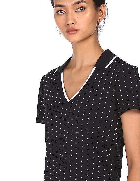 Tommy Hilfiger Women Black Polka Dot Print Notch Collar Polo Shirt