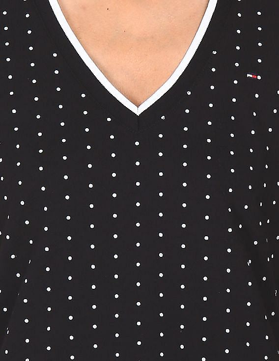 Tommy Hilfiger Women Black Polka Dot Print Notch Collar Polo Shirt