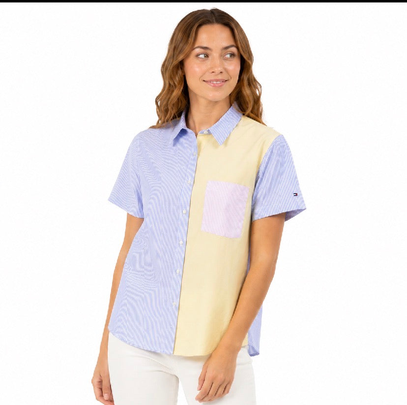 Tommy Hilfiger blouse with a classic cut with a striped design and color blocks.