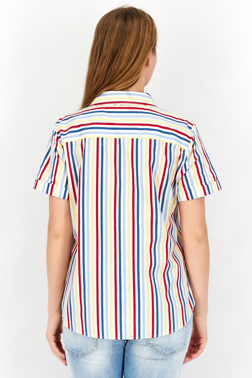 Tommy Hilfiger Women Spread Neck Short Sleeves Stripe Camp Button Down Shirt