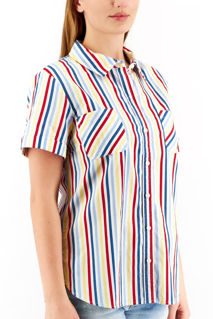 Tommy Hilfiger Women Spread Neck Short Sleeves Stripe Camp Button Down Shirt