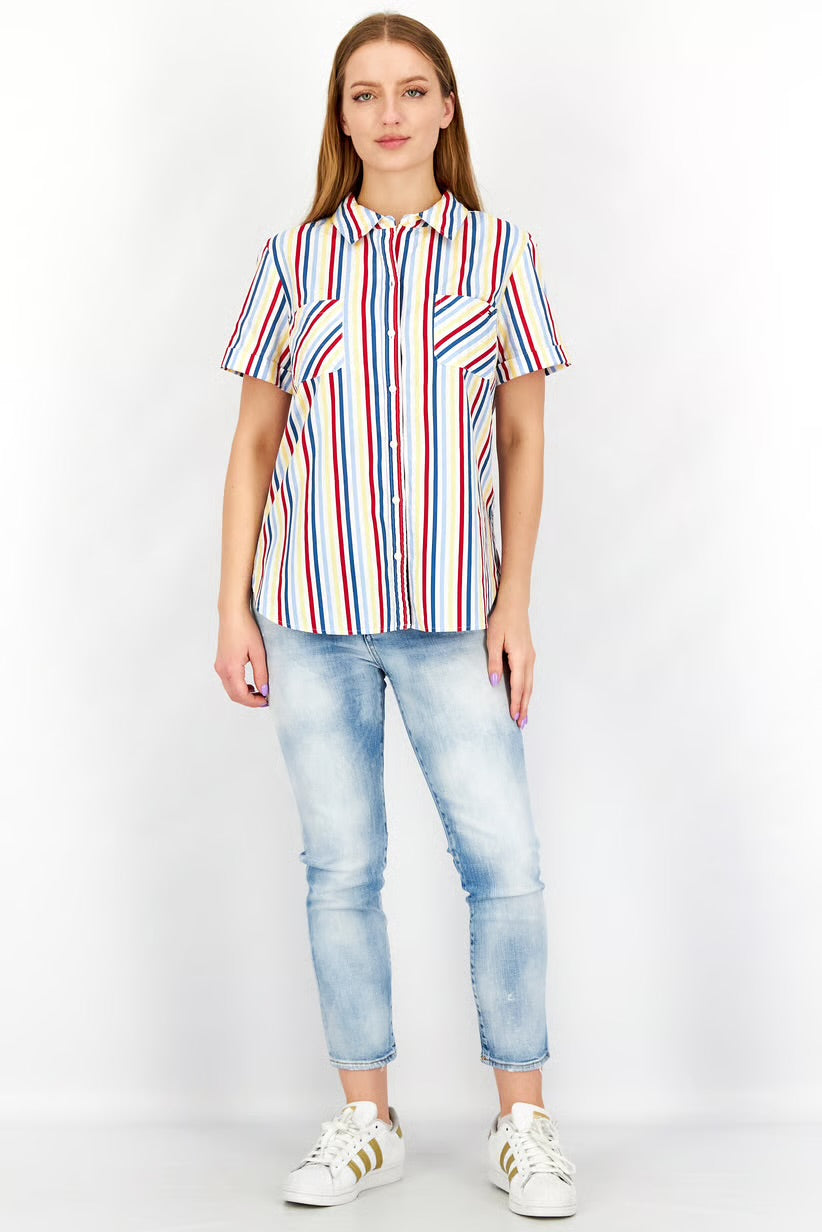 Tommy Hilfiger Women Spread Neck Short Sleeves Stripe Camp Button Down Shirt