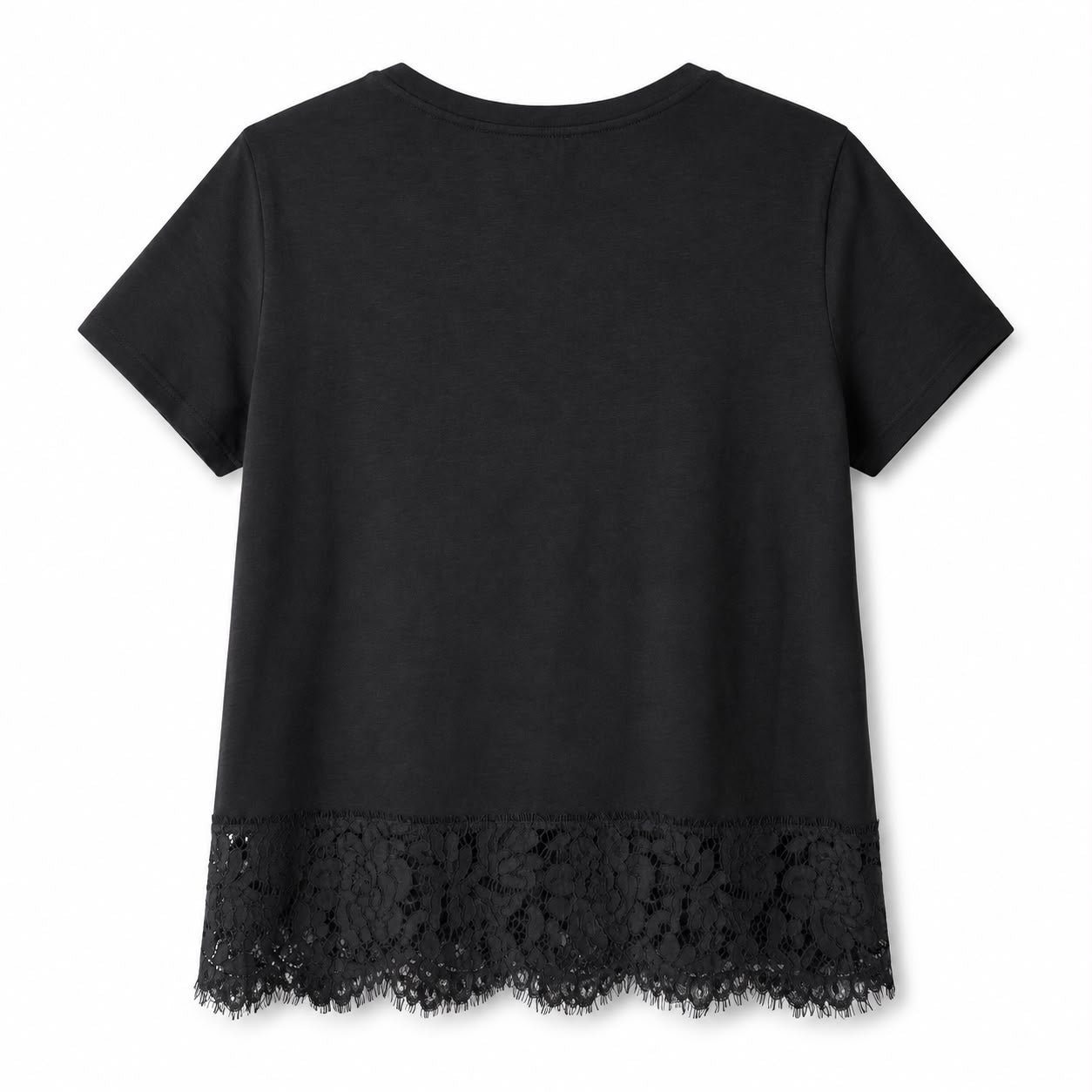 Rose + Olive Black short-sleeved t-shirt with a floral lace hem