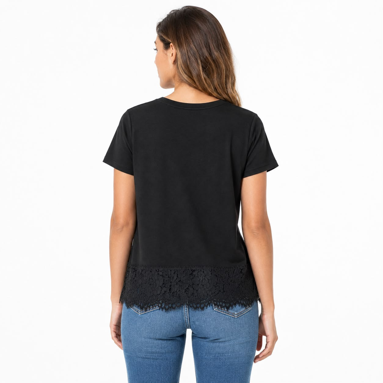 Rose + Olive Black short-sleeved t-shirt with a floral lace hem
