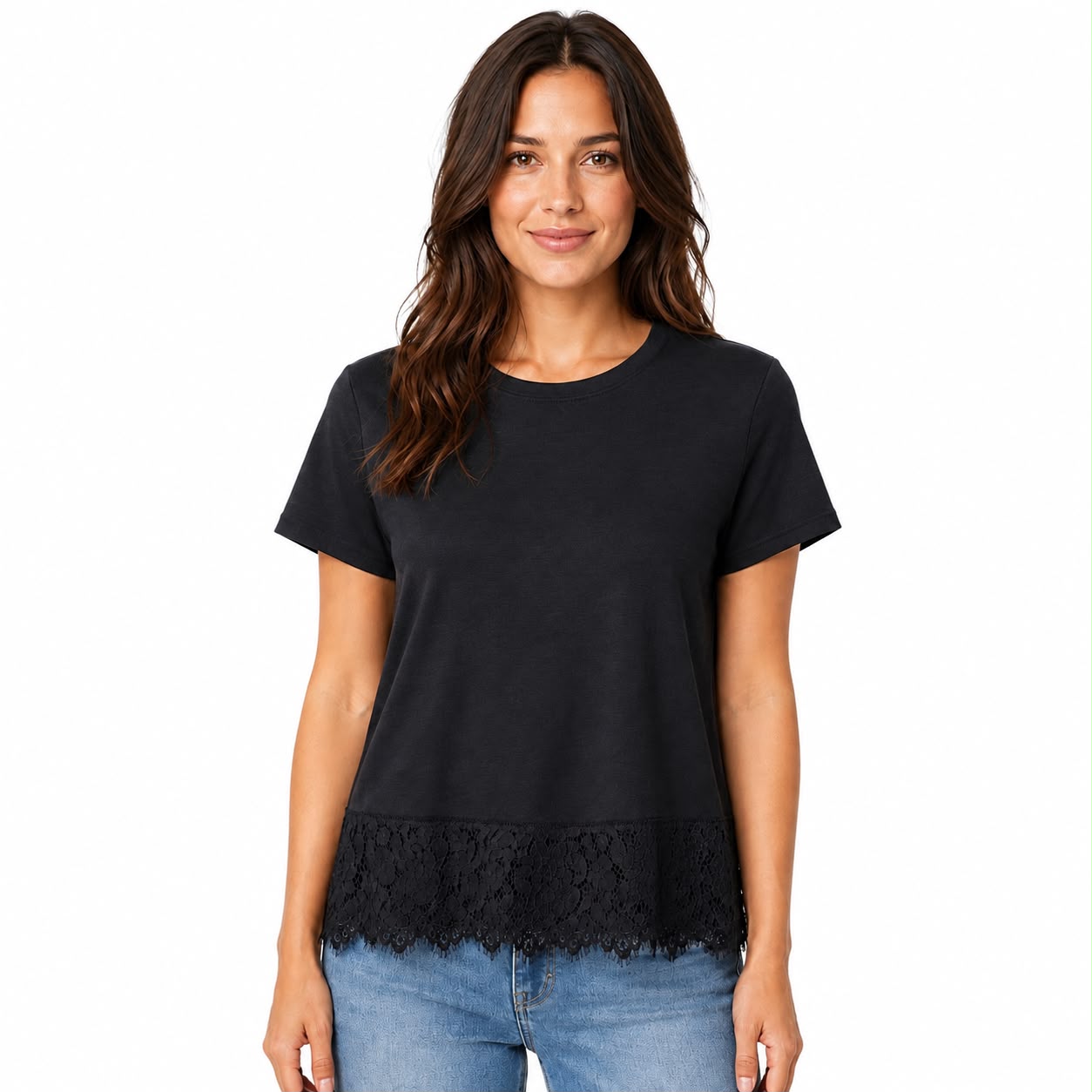 Rose + Olive Black short-sleeved t-shirt with a floral lace hem
