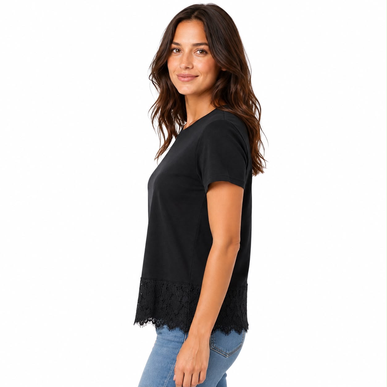 Rose + Olive Black short-sleeved t-shirt with a floral lace hem