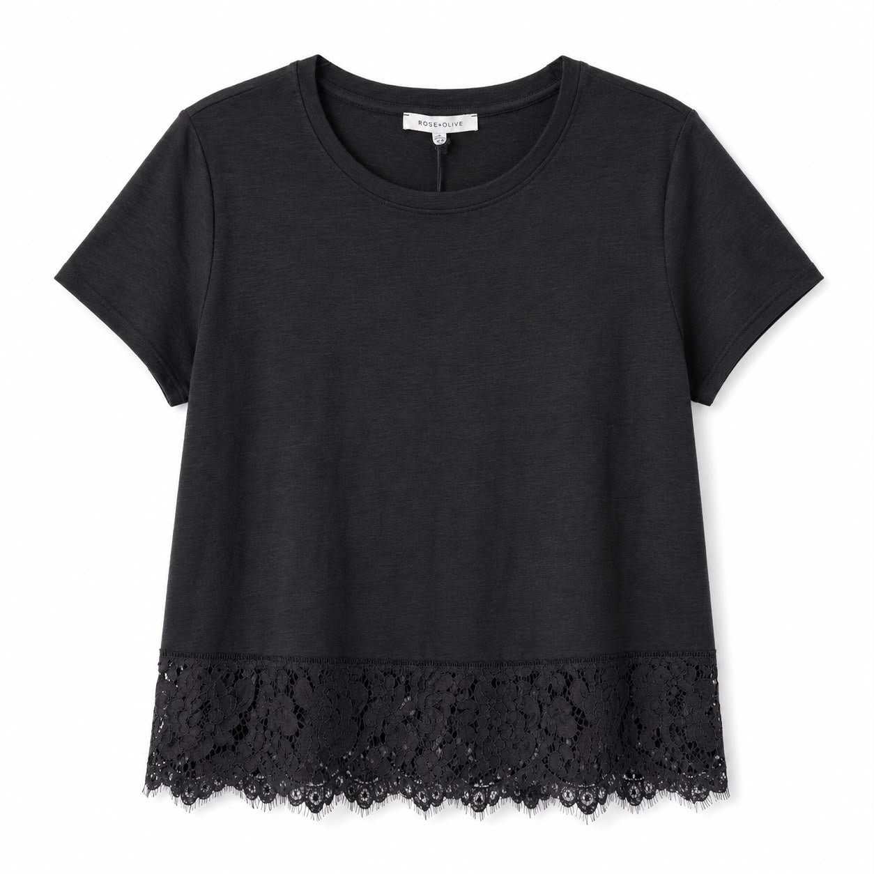 Rose + Olive Black short-sleeved t-shirt with a floral lace hem