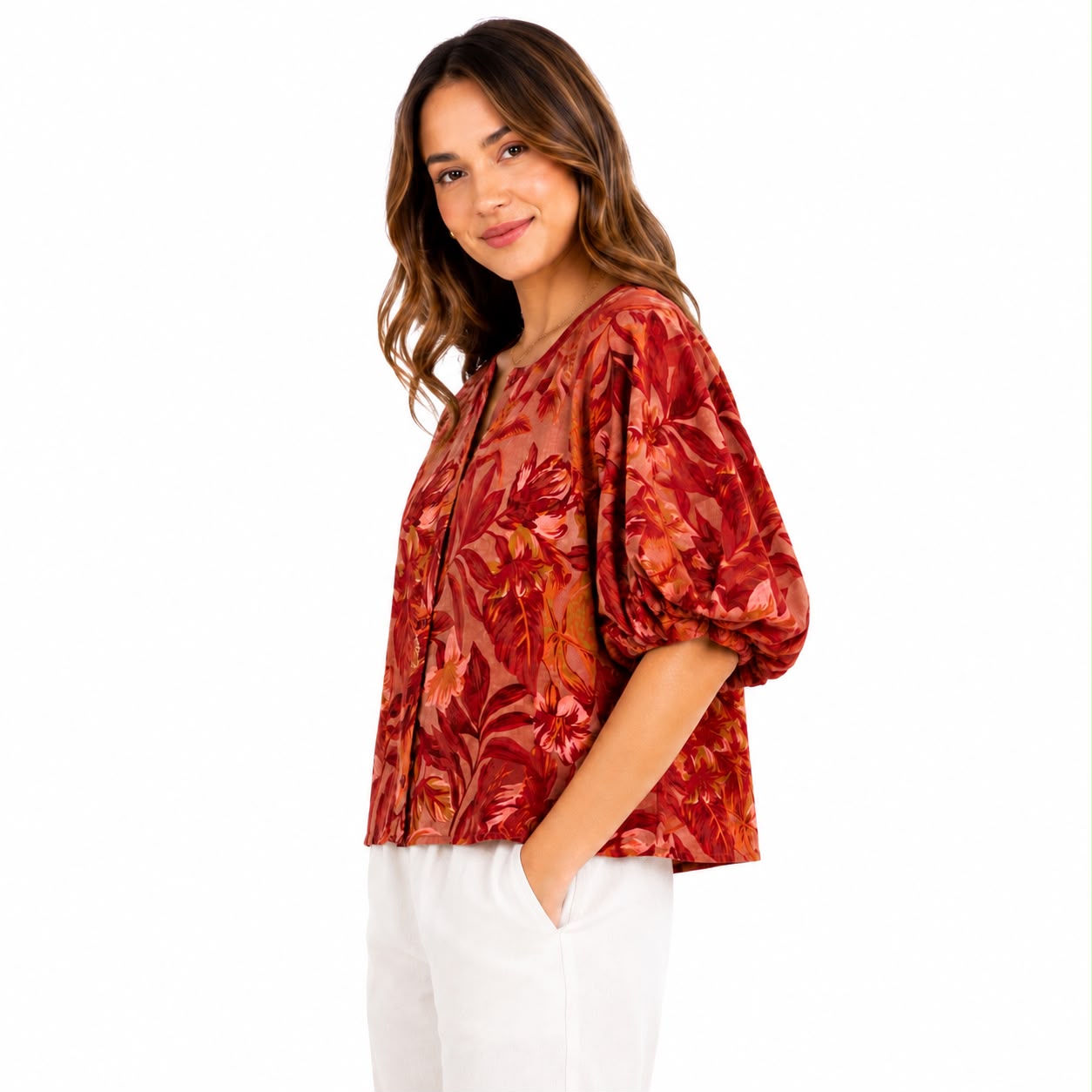 Joie blouse features a striking tropical floral print