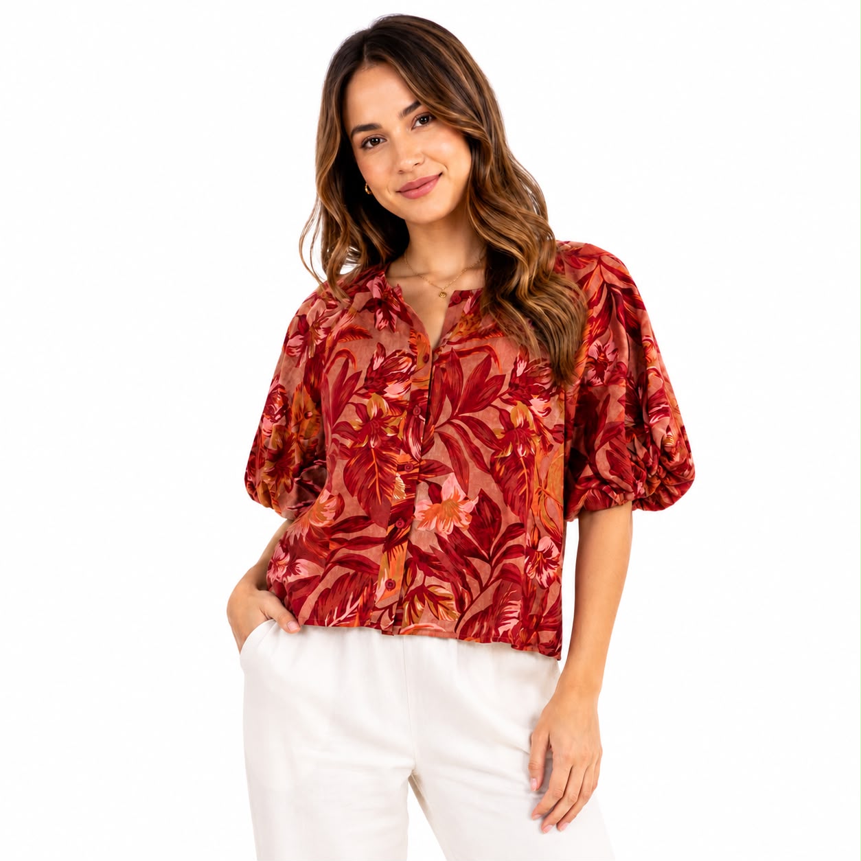 Joie blouse features a striking tropical floral print