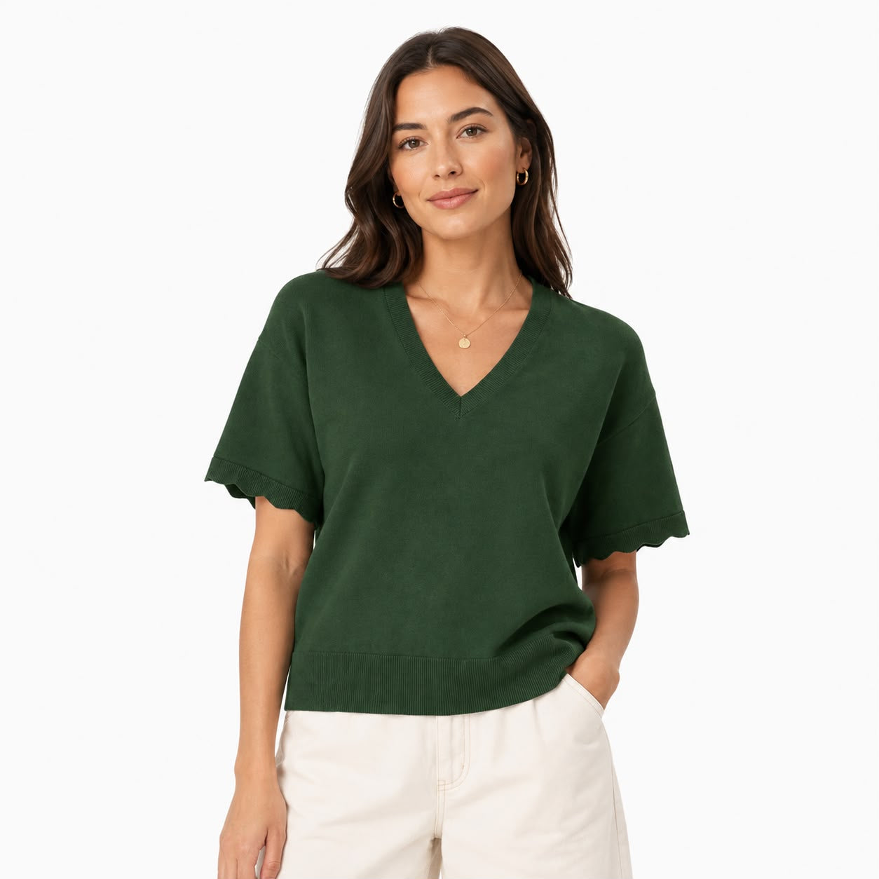Cable & Gauge Short-sleeved V-neck knit sweater in green