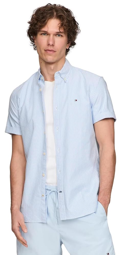 Tommy Hilfiger Camisa Oxford elástica de manga corta y ajuste regular para hombre