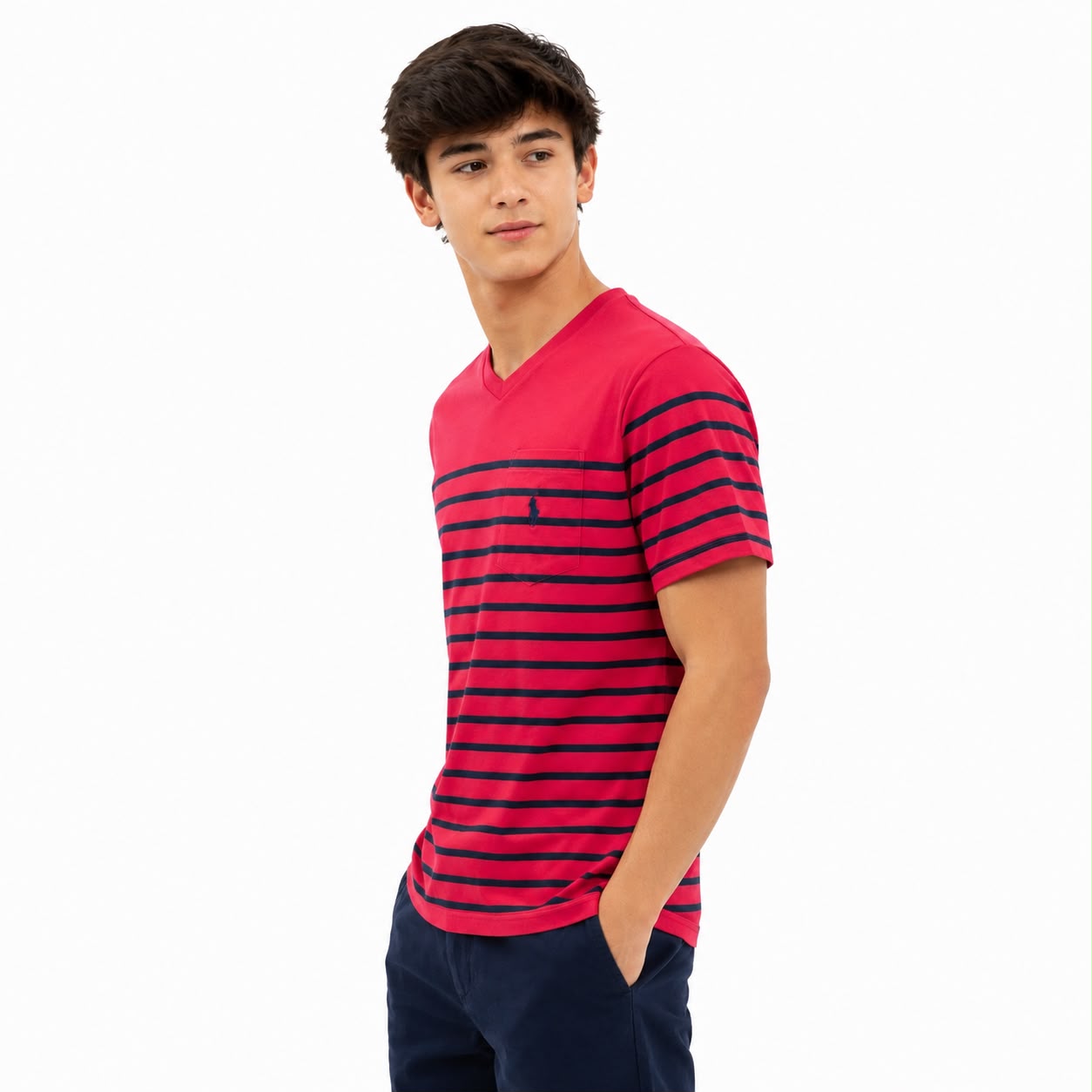 Ralph Lauren Red and navy striped V-neck t-shirt