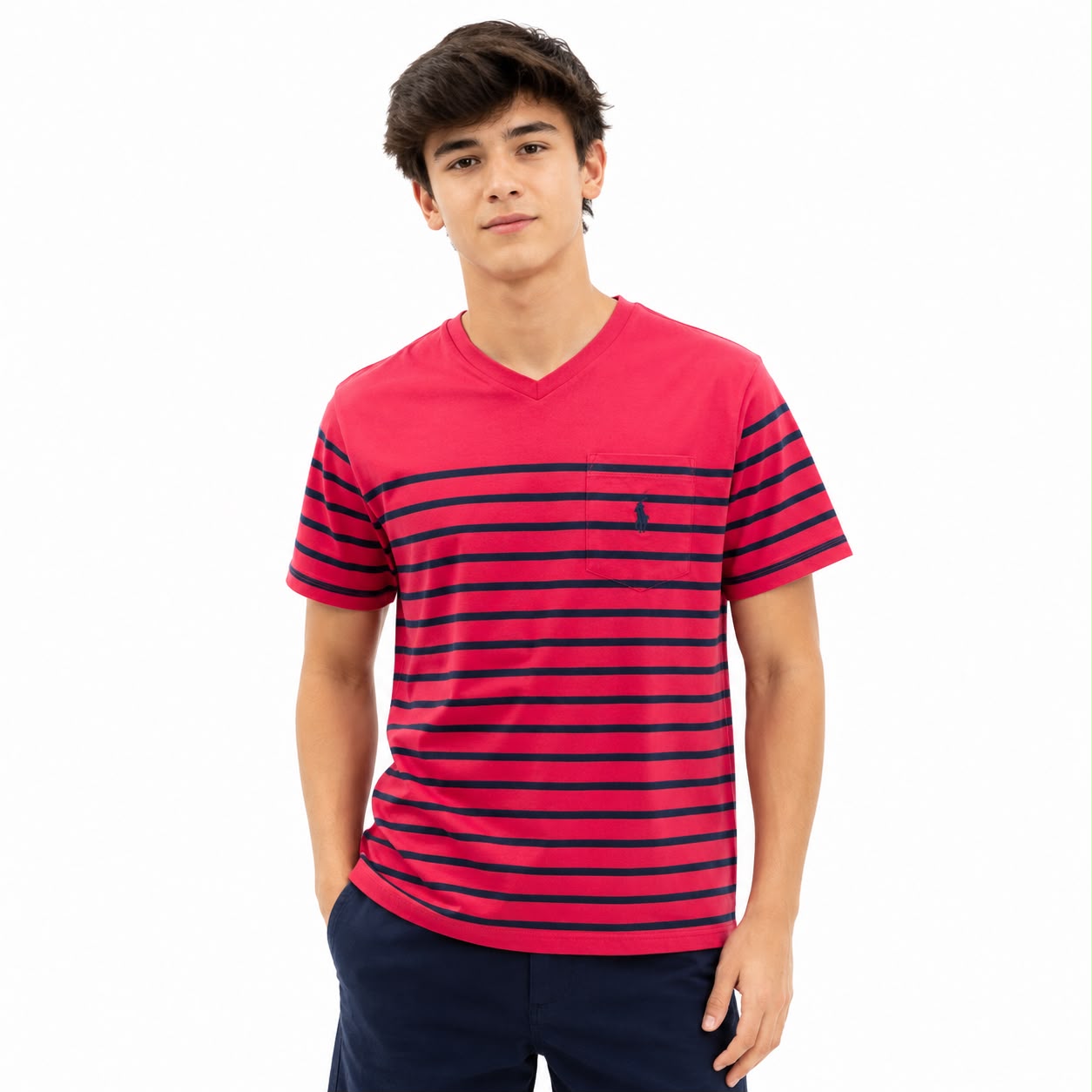 Ralph Lauren Red and navy striped V-neck t-shirt
