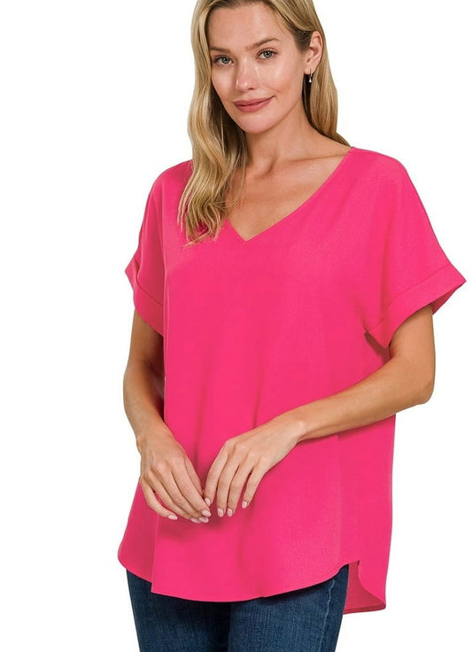 Michael Kors Women's V-Neck Heavy Dobby Boat Neck Rolled Short Sleeve Blouse Top
