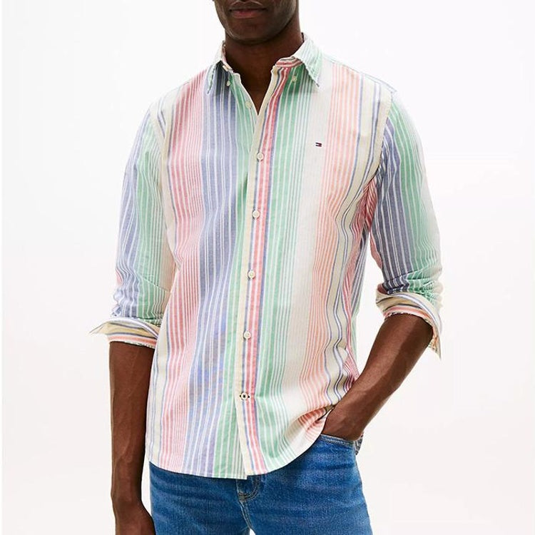 Tommy Hilfiger-Camisa de rayas Tommy Regular Fit para hombre, azul y multicolor