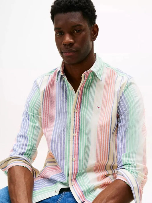 Tommy Hilfiger-Camisa de rayas Tommy Regular Fit para hombre, azul y multicolor