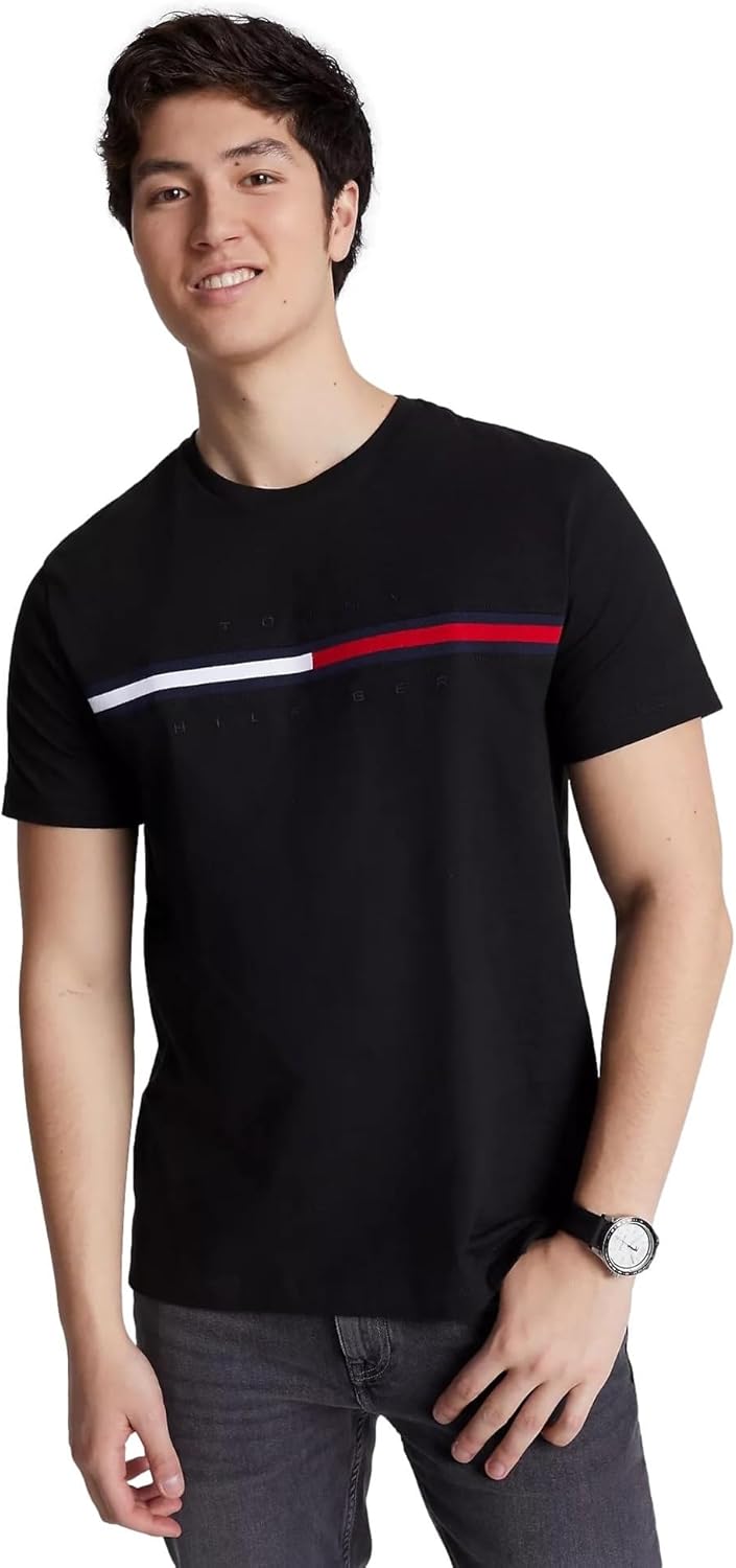 Tommy Hilfiger -Camiseta de cuello redondo bordada con bandera de ajuste regular para hombre, color negro, Negro