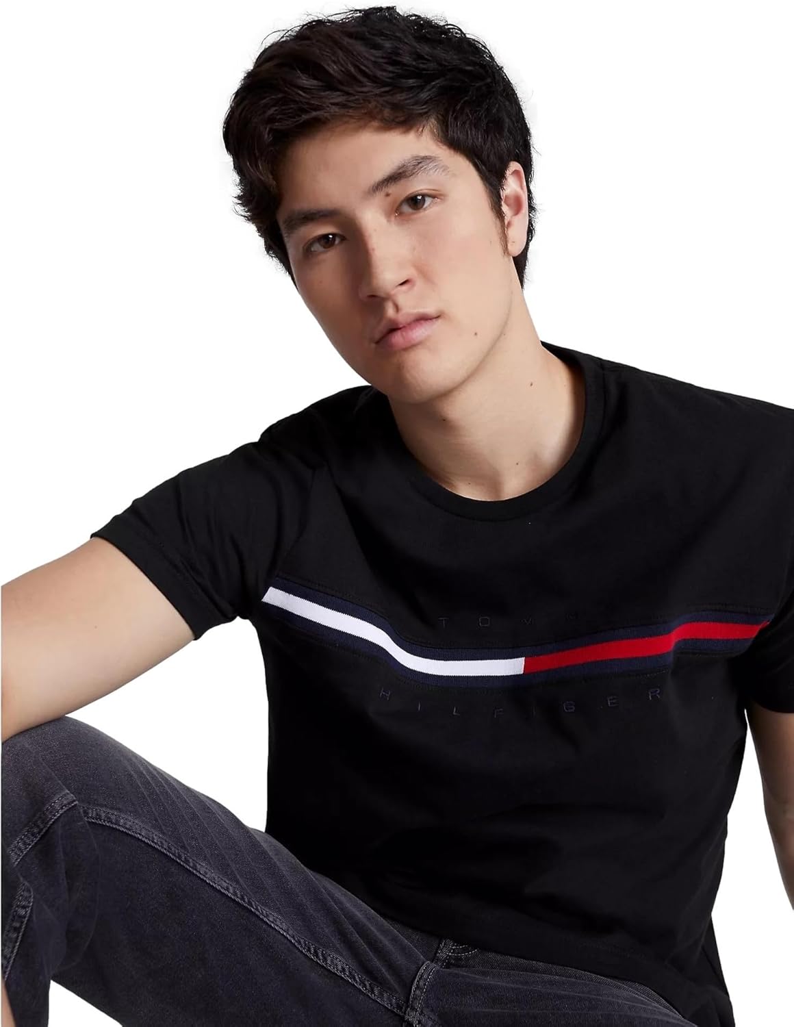 Tommy Hilfiger -Camiseta de cuello redondo bordada con bandera de ajuste regular para hombre, color negro, Negro
