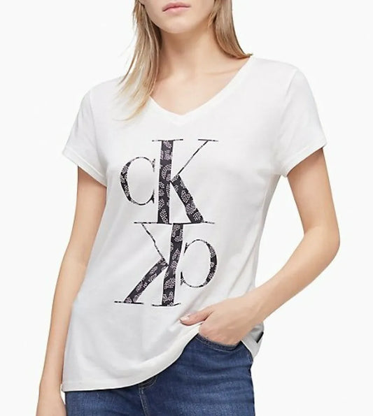 Calvin Klein Women's Studded Animal Mirror Monogram Logo V-Neck TShirt
