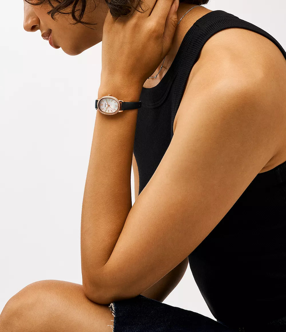 Fossil Penny Three-Hand Black Leather Watch