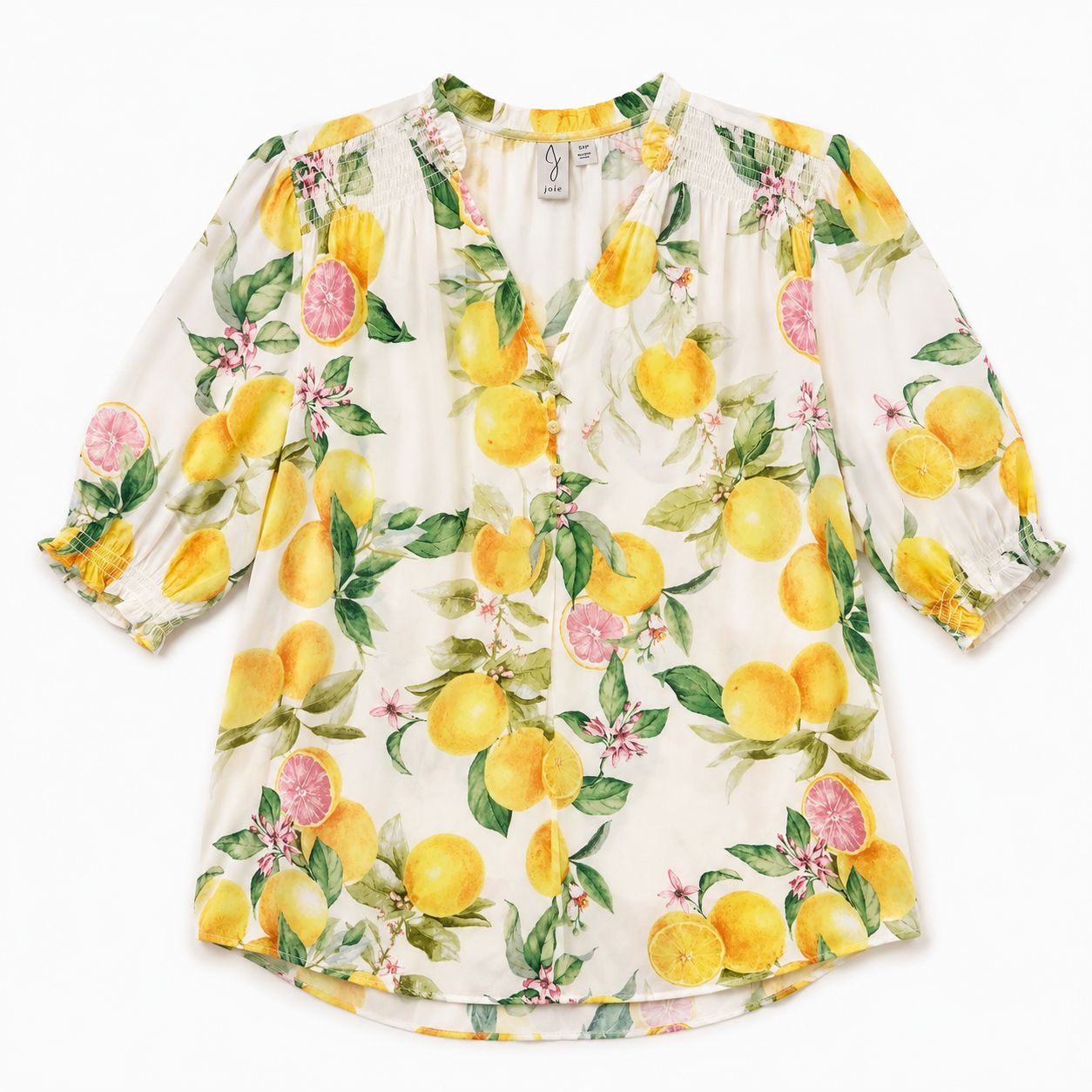 Joie blouse with yellow and green lemon print, V-neck and puffy sleeves