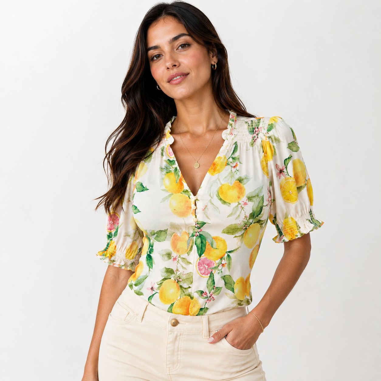 Joie blouse with yellow and green lemon print, V-neck and puffy sleeves