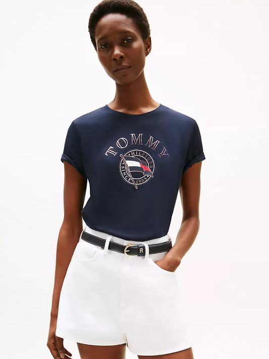 Tommy Hilfiger-Embroidered Wavy Flag Logo T-Shirt