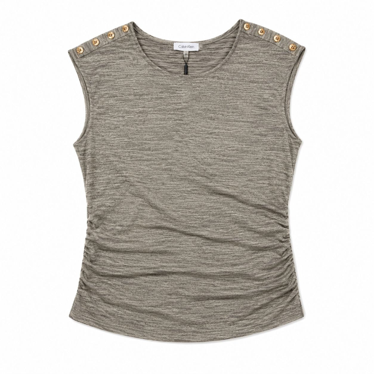 Calvin Klein sleeveless blouse with golden button details on the shoulders