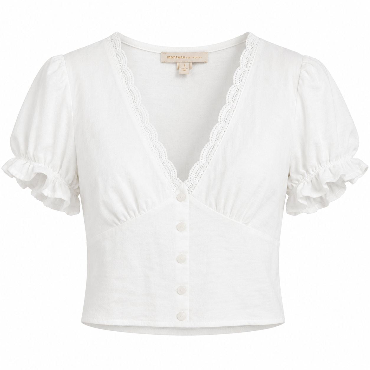 Monteau white short blouse with short puff sleeves with V-neck Women’s