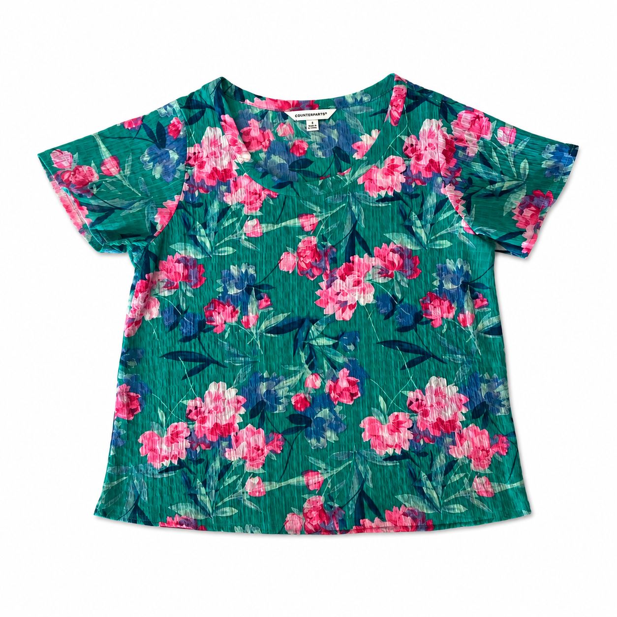 Counterparts blouse with emerald green tropical floral print and short sleeves