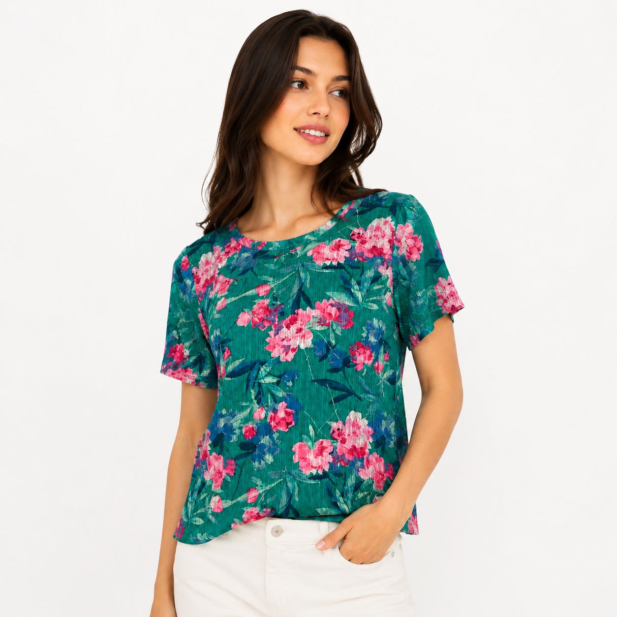 Counterparts blouse with emerald green tropical floral print and short sleeves