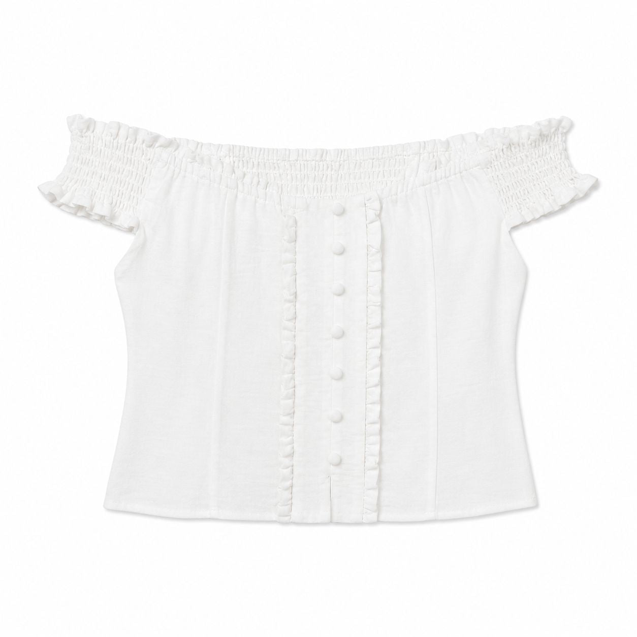 Kirious Off-the-shoulder white crop top with ruffle details and front buttons