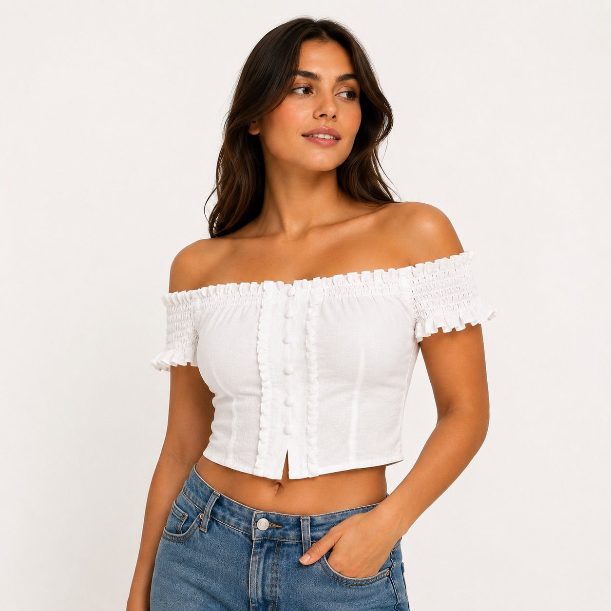 Kirious Off-the-shoulder white crop top with ruffle details and front buttons