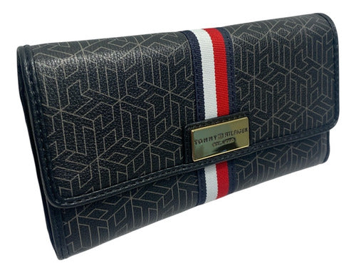 Cartera Tommy Hilfiger Negra Monedero Placa Dorada Logo M166 Negro Monograma Th